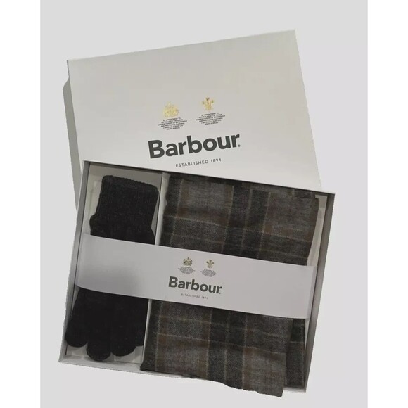 Barbour men's Tartan Plaid Scarf & Glove Set - Grey / rust - retail $100 - Picture 5 of 5